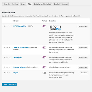 Back-end view of mobilPay in the payment methods listing